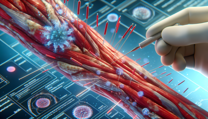 Acupuncture needles placed around inflamed tendons, reducing redness and swelling, providing relief.