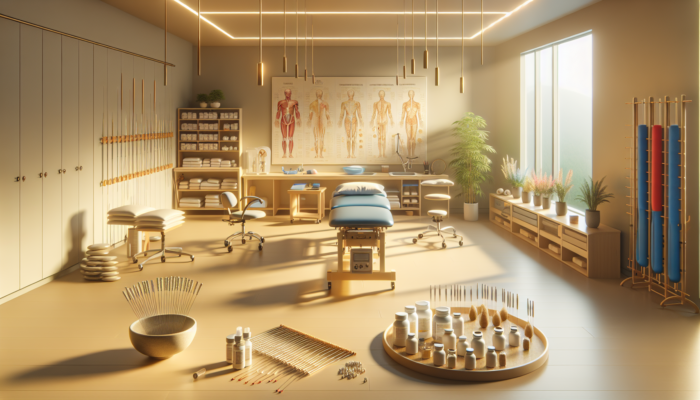 Acupuncture needles, physical therapy equipment, and medication vials in a serene holistic treatment room for tendonitis.