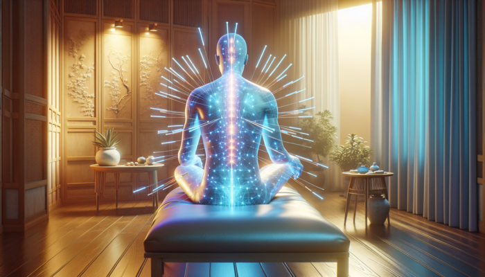 A person receiving acupuncture in a tranquil, softly lit room with Eastern decor and glowing needles.