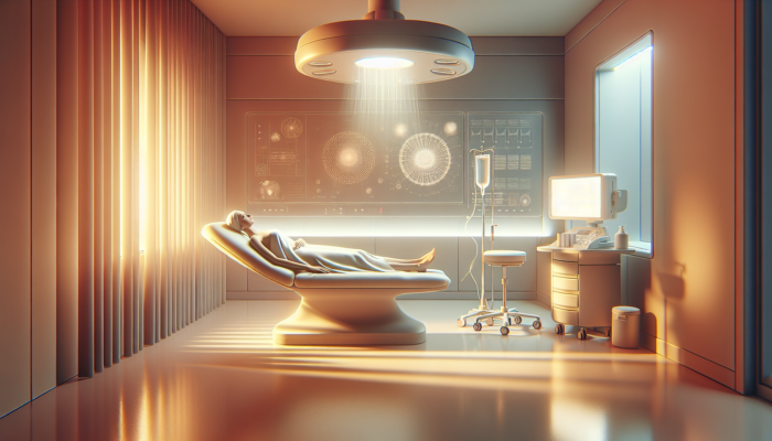 A patient receiving gentle, non-invasive treatment in a serene, softly lit medical setting, symbolizing safety and minimal side effects.