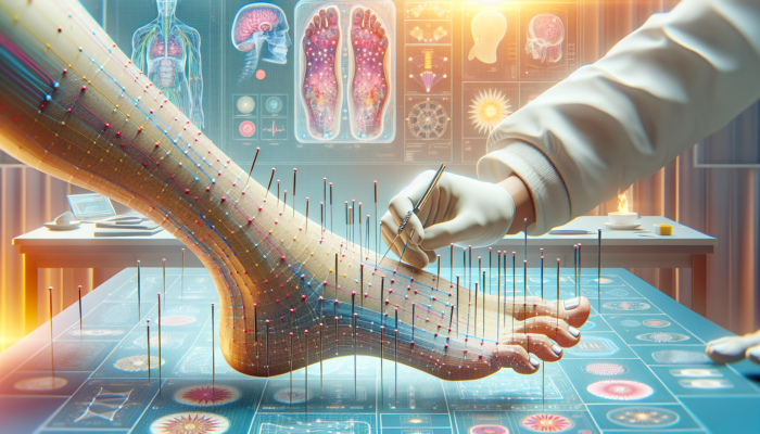 Illustration of acupuncture needles on foot's meridian points for plantar fasciitis treatment, serene background.