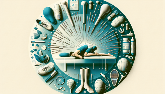 A patient receiving acupuncture and performing foot exercises, with orthotics and swimming, cycling gear around.