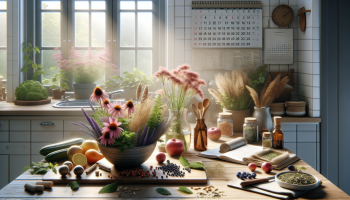 A kitchen scene with herbs like echinacea and elderberry integrated into meals, with health-focused cookbooks and calendars.