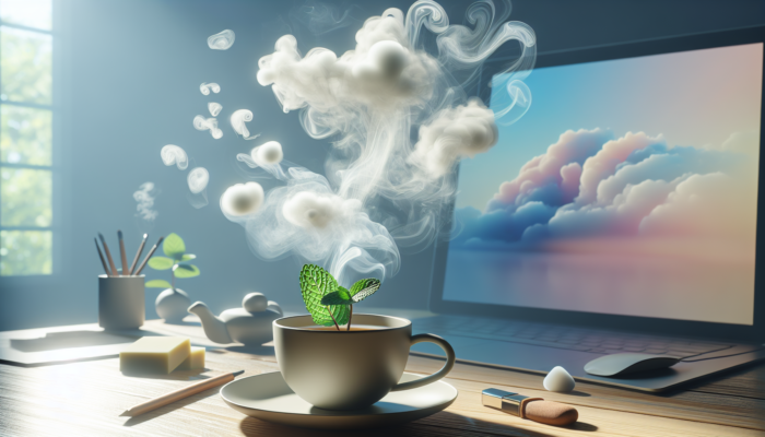 A serene workspace with a steaming cup of peppermint tea, enhancing mental alertness and focus.
