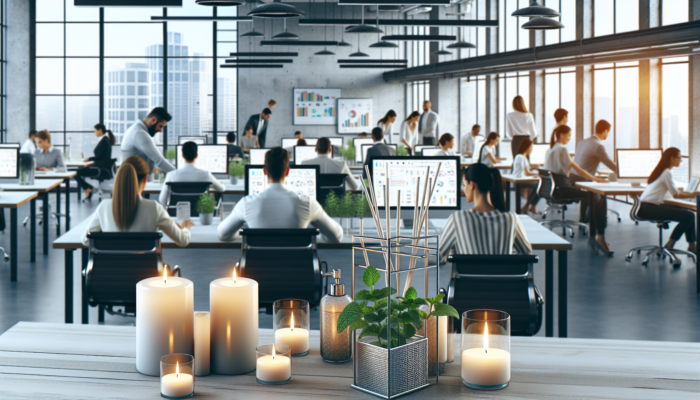 Modern office with employees at desks, surrounded by peppermint-infused candles and diffusers, enhancing productivity and focus.