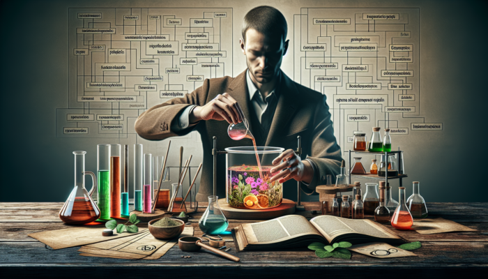 Person measuring herbs into jar, creating tincture, with guidebook on wooden table.