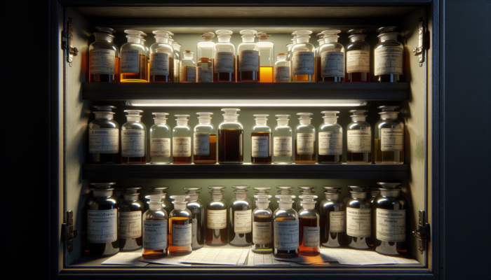 Glass bottles of herbal tinctures in a cool, dark cabinet, labeled for potency and effectiveness.
