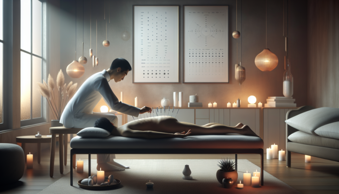 A serene acupuncture session for IBS relief with a skilled practitioner and calming environment.