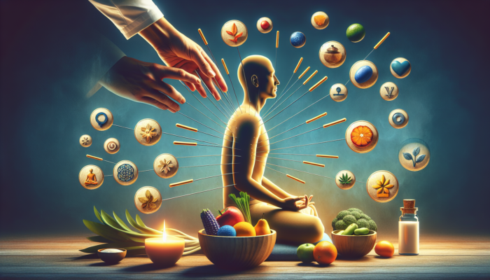 A person receiving acupuncture, surrounded by holistic IBS management elements like a low FODMAP meal and mindfulness meditation.