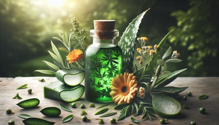 Green herbal acne serum in glass bottle with tea tree, calendula, and aloe vera.