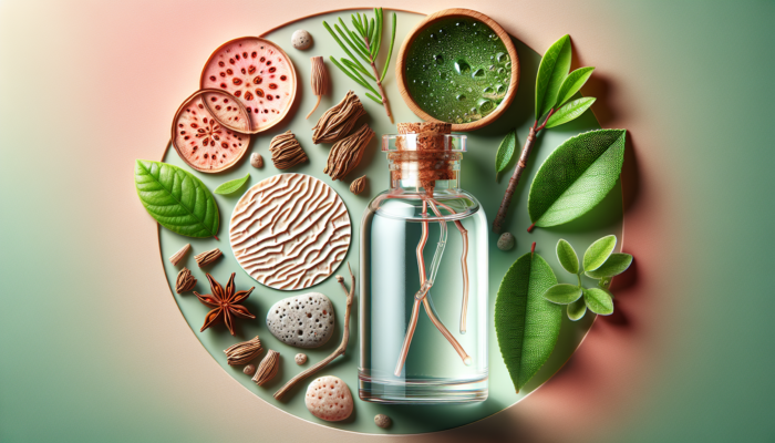 Bottle of witch hazel extract with leaves and bark, showing healthy skin and reduced acne.