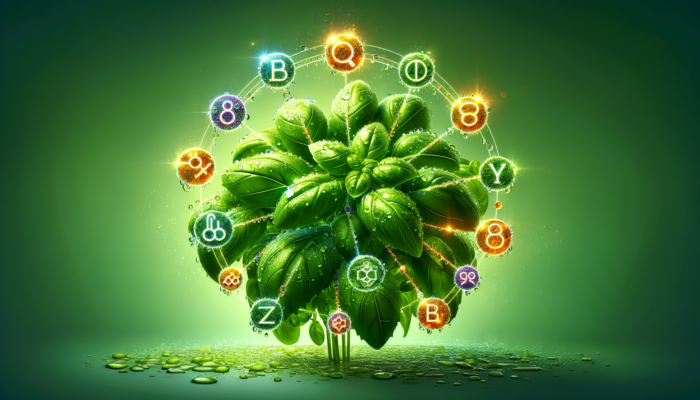 A vibrant basil plant with dewdrops, surrounded by nutrient labels on a green background.