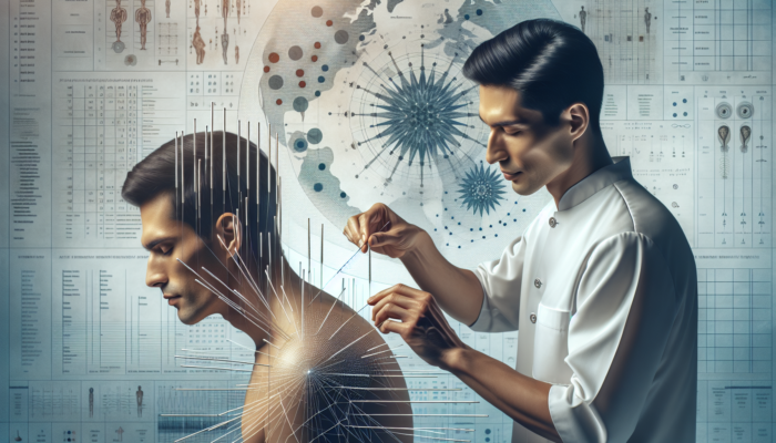 Acupuncturist placing needles at immune-boosting points, with acupuncture charts and treatment schedule.