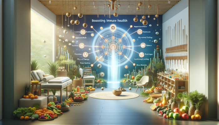 A serene wellness center integrating acupuncture with nutritional counseling, physical therapy, and stress management for immune health.