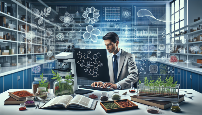 Scientist analyzing data on herbs in a modern lab, surrounded by research materials.