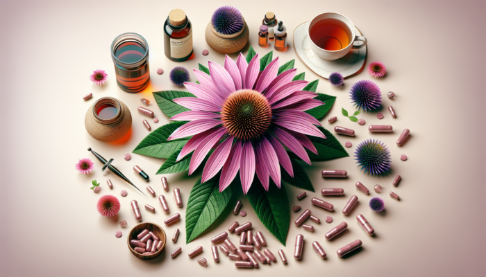 Echinacea plant with purple petals, surrounded by tea, tinctures, and capsules, symbolizing immune support.