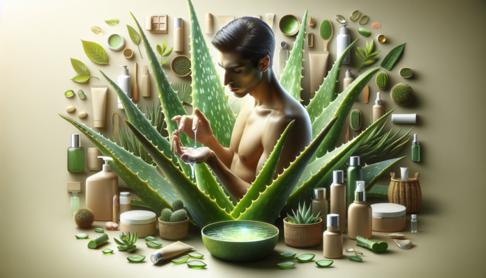 Aloe vera plant with gel, surrounded by skincare products, person applying gel to sunburned skin.