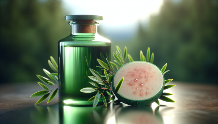 Bottle of tea tree oil with Melaleuca leaves, treated skin showing less redness and clear pores.