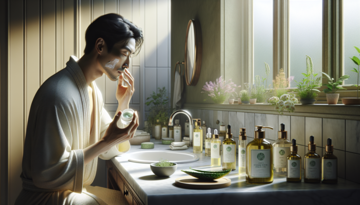 A person applying Aloe Vera gel to face, with Chamomile toner and Tea Tree Oil on vanity, surrounded by herbs.