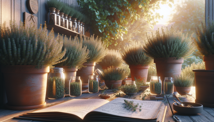 A serene kitchen garden at dusk with thyme plants in terracotta pots, jars of dried thyme, and recipe books.