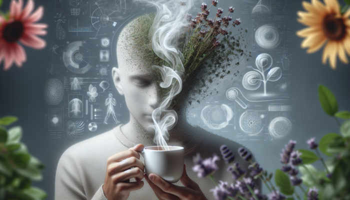 Person sipping thyme tea, surrounded by steam and calming herbs, evoking tranquility.