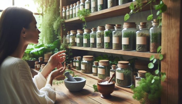 A woman applying herbal cream to dry skin in an apothecary surrounded by greenery and herbal jars.