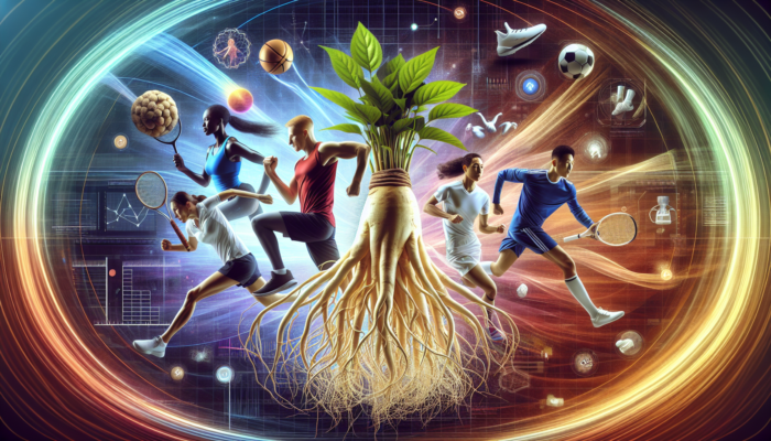 A glowing ginseng root with athletes in motion, symbolizing enhanced stamina and reduced fatigue.