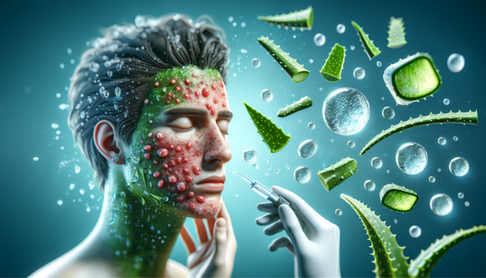 Aloe vera gel soothing acne on face, reducing redness and scars, with cooling effect and fresh leaves.