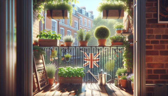 UK balcony herb garden with basil, parsley, mint in sunlight, well-drained pots, watering can.