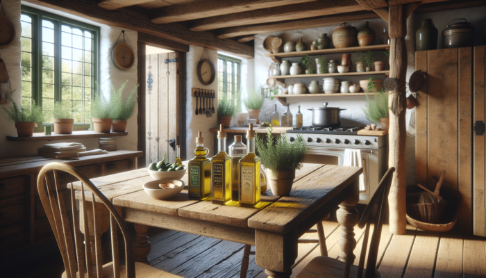 Bottles of rapeseed and extra virgin olive oil with fresh herbs on a rustic table in a UK kitchen.