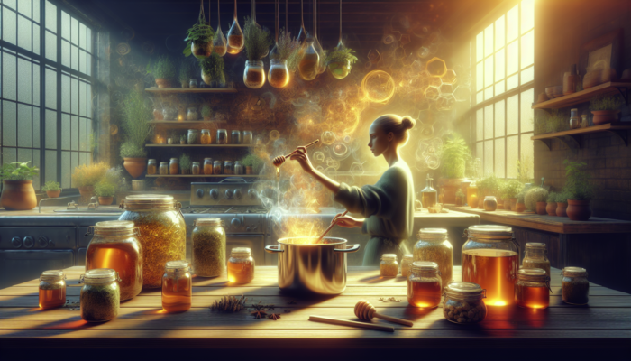 A person in a cozy kitchen steeping herbs and adding honey to make a soothing herbal syrup.