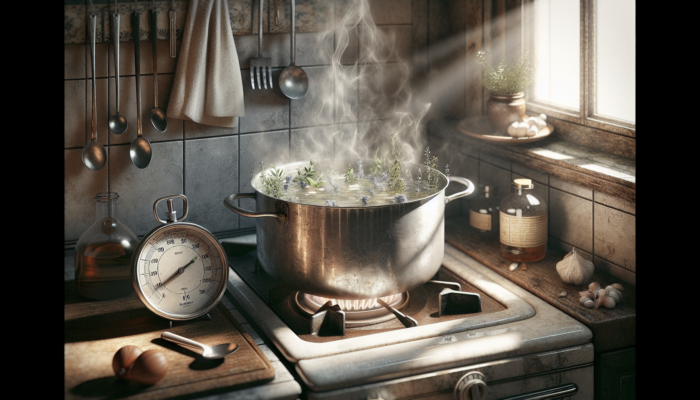 A pot simmering herbs on a stove, with steam, thermometer, and timer in a rustic kitchen.