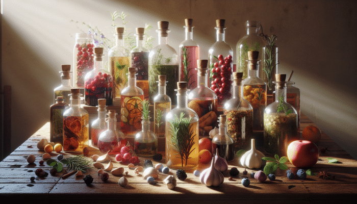 Array of vinegar bottles infused with herbs and fruits on a rustic kitchen counter, bathed in sunlight.