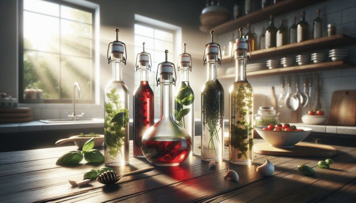 Elegant glass bottles of red and white wine vinegar with basil and chervil on a rustic table in a sunlit kitchen.