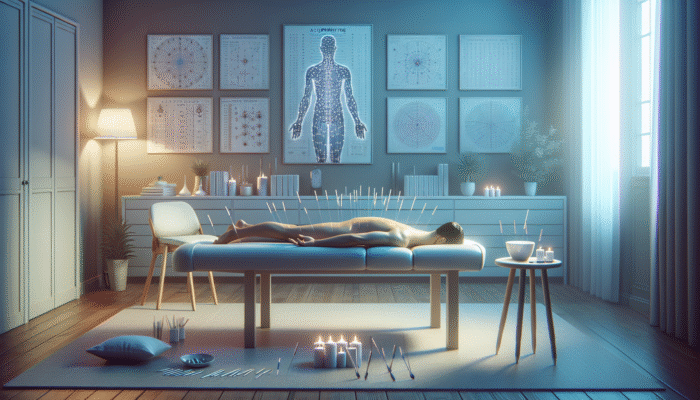 A serene acupuncture session alleviating nerve pain in a calming UK clinic.
