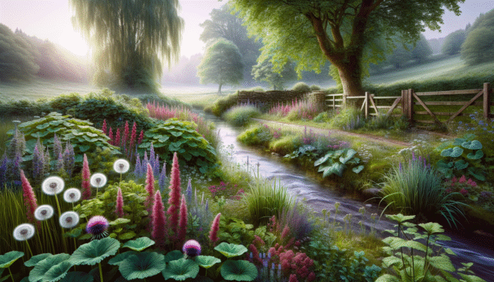 A UK garden with detox herbs like dandelion and milk thistle, beside a clear stream.