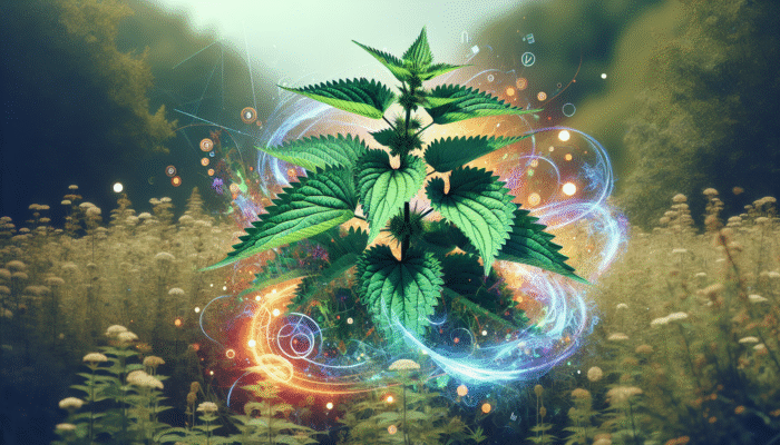 Illustration of nettle plants in a UK wildfield, surrounded by swirling vitamins and minerals, symbolizing detox and cleansing.
