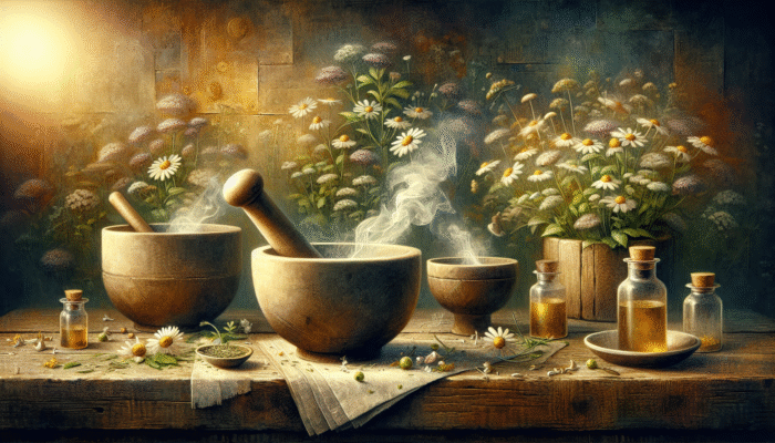 UK herbal remedies like chamomile and elderflower being prepared and consumed in a rustic kitchen.