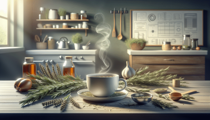 A steaming cup of rosemary infusion with fresh and dried leaves, symbolizing natural diabetes management.