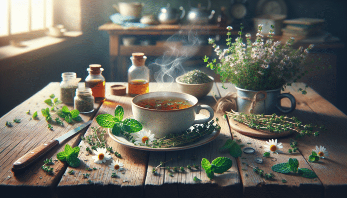 A steaming cup of thyme tea with fresh thyme, chamomile, and peppermint on a rustic table.