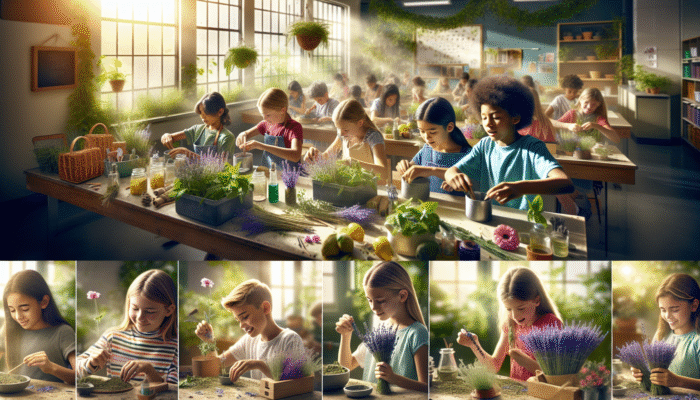 Children crafting herbal teas and sachets in a sunlit classroom, using lemon balm, peppermint, and lavender.