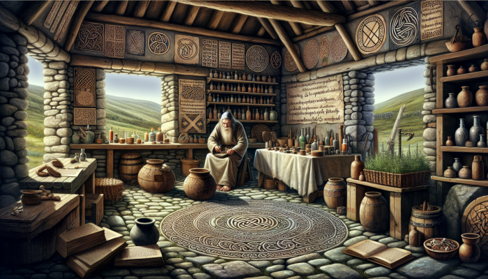 How Science Validates Herbalism: 10th-century Anglo-Saxon apothecary using local herbs and ancient texts like Bald's Leechbook in a rustic British setting.