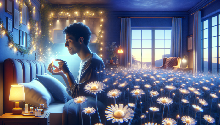 A person in a serene UK bedroom at twilight holding a chamomile capsule, surrounded by glowing chamomile flowers.