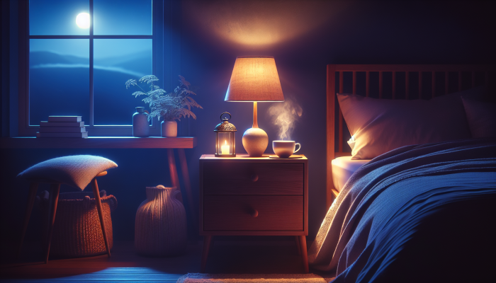 A serene bedroom at twilight with chamomile tea, a lamp, and a person sleeping peacefully.