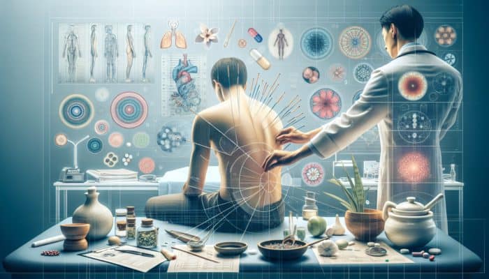 A tranquil UK clinic merging Eastern and Western healing methods, featuring acupuncture treatment.