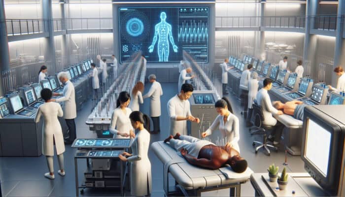 Futuristic UK lab with scientists researching acupuncture's integration into NHS and its long-term effects.
