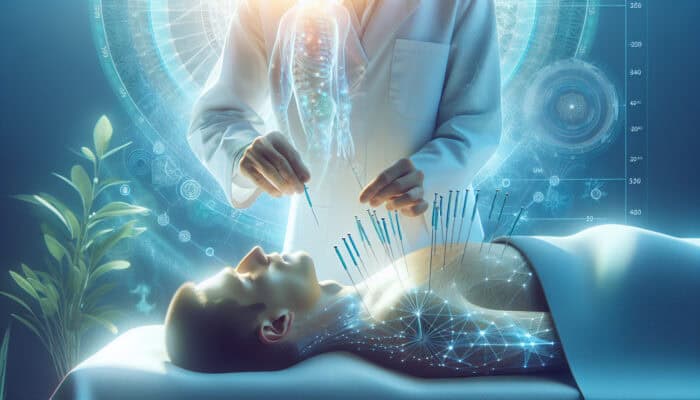 A serene acupuncture session for an autoimmune patient with an expert, in calming blue and green hues.