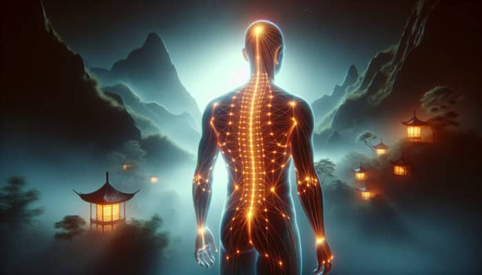 Illustration of human body with glowing acupuncture meridians, set in a tranquil Chinese landscape.