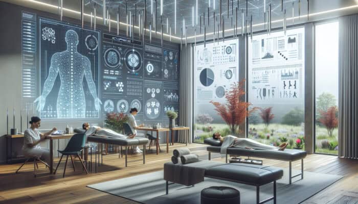 A serene UK clinic room with patients receiving acupuncture, surrounded by advanced technology and natural elements, symbolizing holistic healthcare and wellbeing.