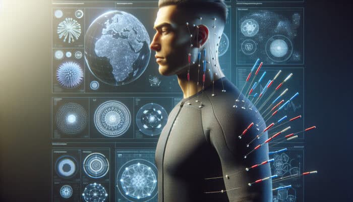 A modern UK athlete undergoing electroacupuncture for muscle recovery, part of a holistic wellness program.